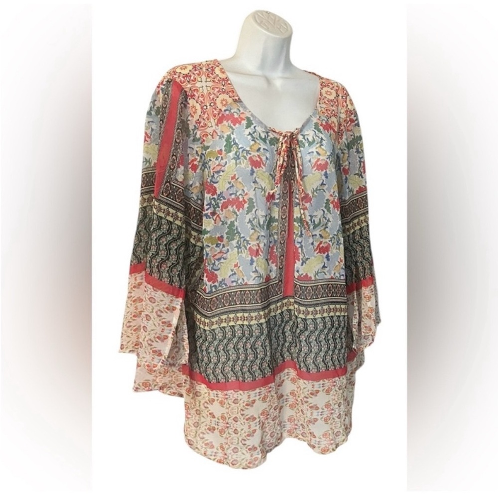 New Directions Boho Peasant Top Chiffon Patchwork Print Floral Semi-Sheer 2X